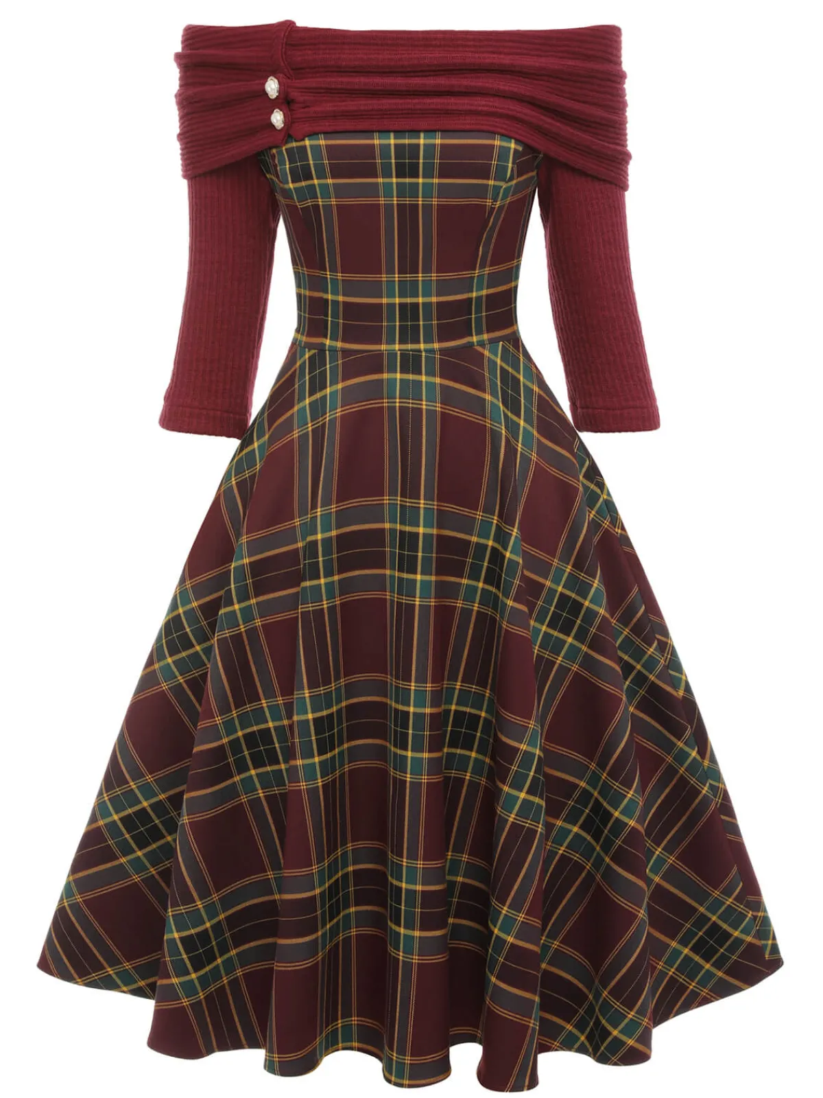 Clearance Retro Stage 1950s Plaids Off-Shoulder Dress Wine Red