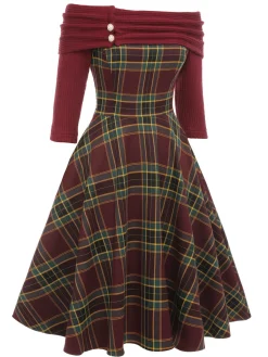 Clearance Retro Stage 1950s Plaids Off-Shoulder Dress Wine Red