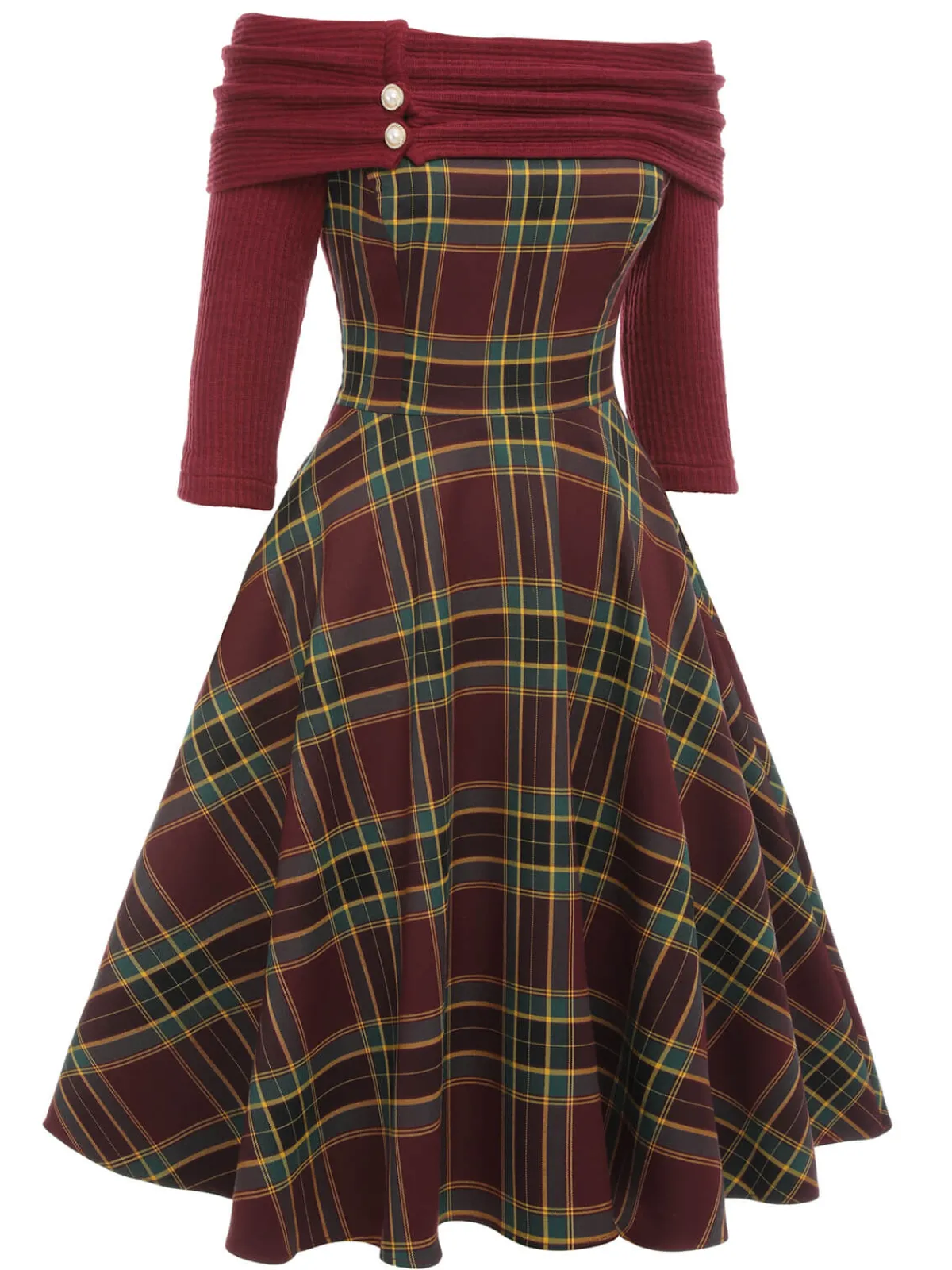 Clearance Retro Stage 1950s Plaids Off-Shoulder Dress Wine Red