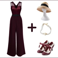 Hot Retro Stage 1930s Polka Dot Belt Jumpsuit Wine Red