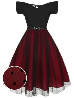 New Retro Stage 1950s Polka Dots Drop Shoulder Belt Dress Wine Red