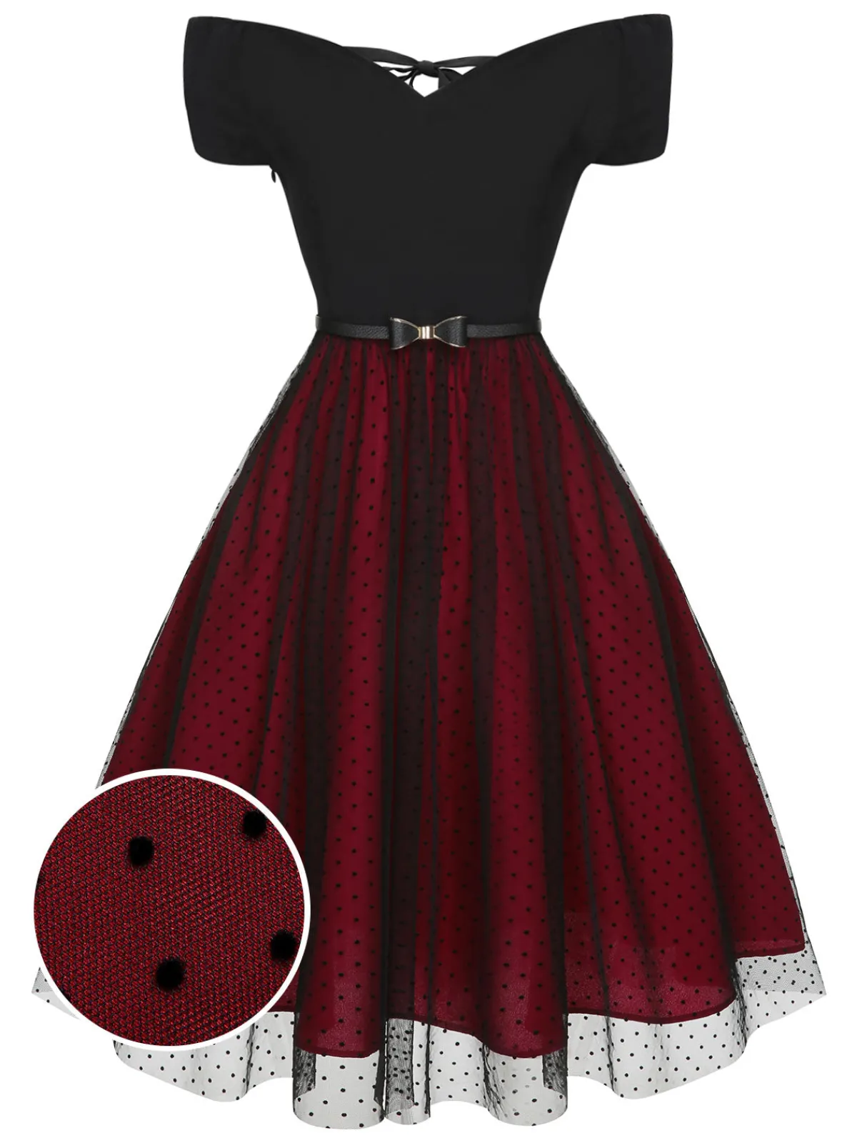 New Retro Stage 1950s Polka Dots Drop Shoulder Belt Dress Wine Red