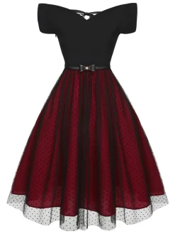 New Retro Stage 1950s Polka Dots Drop Shoulder Belt Dress Wine Red