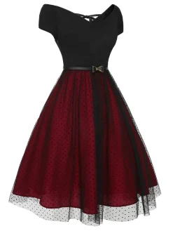 New Retro Stage 1950s Polka Dots Drop Shoulder Belt Dress Wine Red