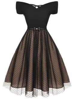 New Retro Stage 1950s Polka Dots Drop Shoulder Belt Dress Wine Red