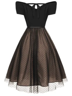 New Retro Stage 1950s Polka Dots Drop Shoulder Belt Dress Wine Red