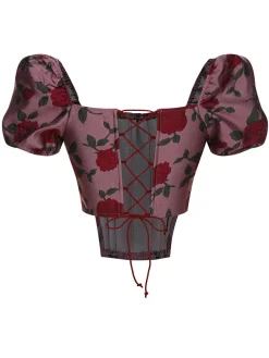 Online Retro Stage 1950s Rose Puff Sleeves Top Wine Red