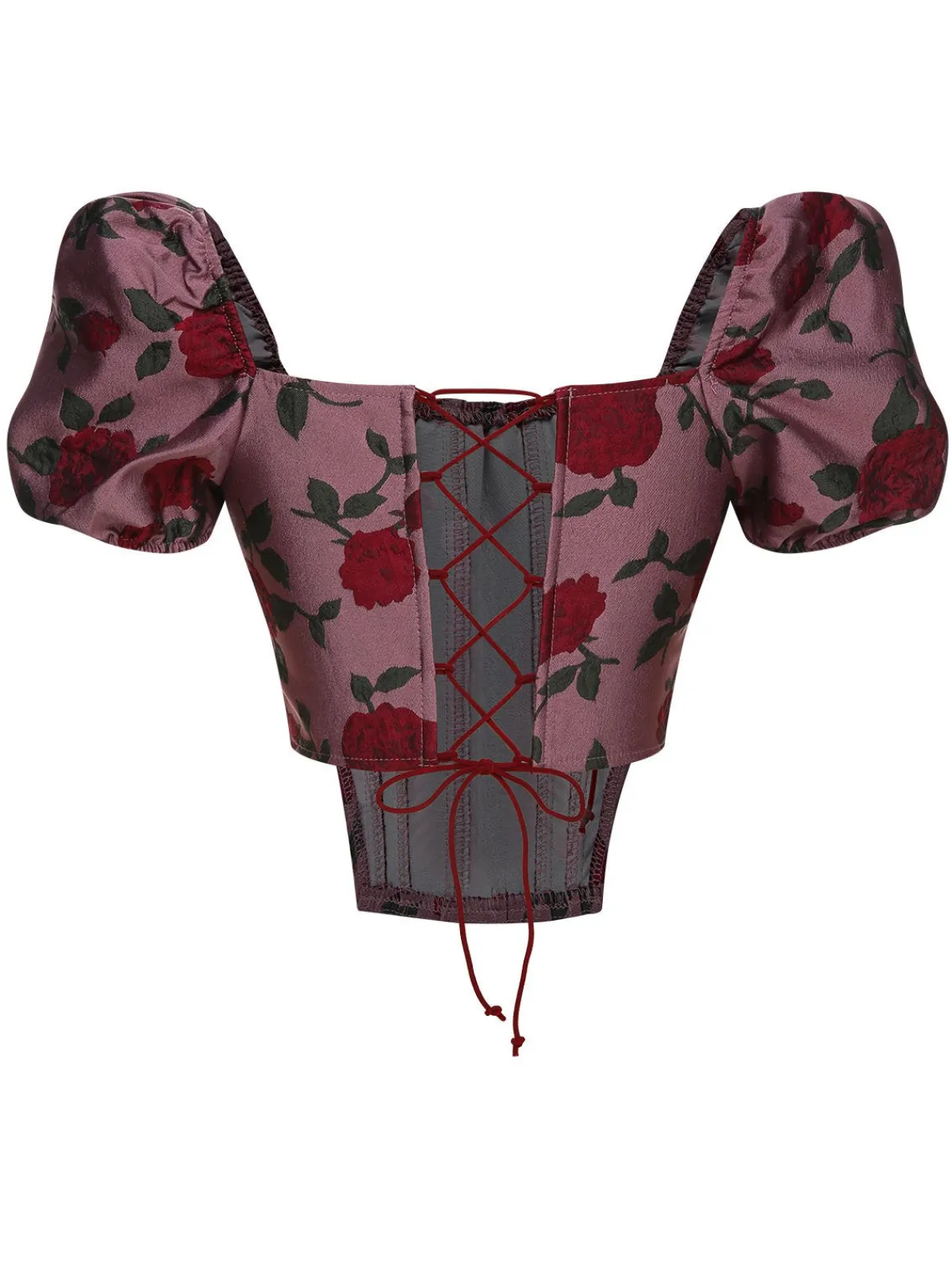 Online Retro Stage 1950s Rose Puff Sleeves Top Wine Red