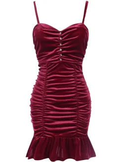 Outlet Retro Stage 1930s Ruffled Hem Pleated Dress Wine Red