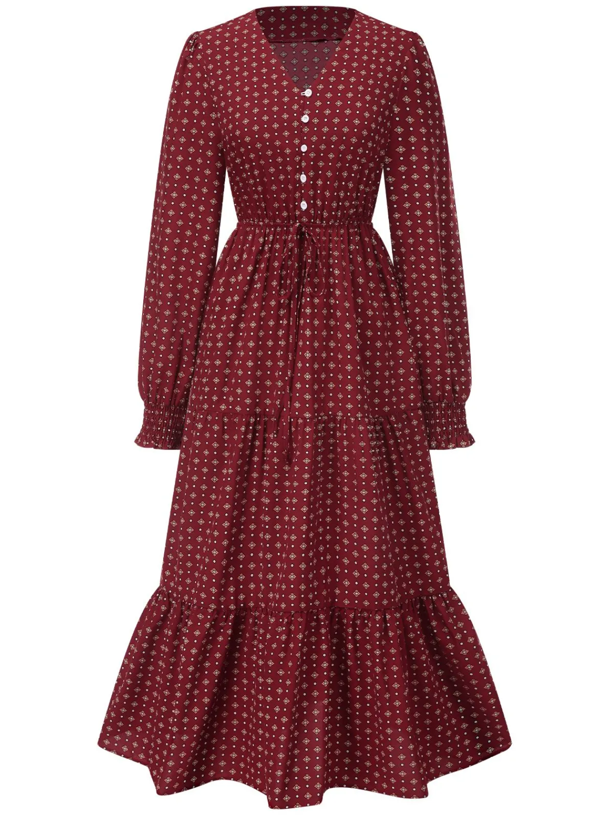 Sale Retro Stage 1940s Ruffled Long Sleeve Printed Dress Wine Red