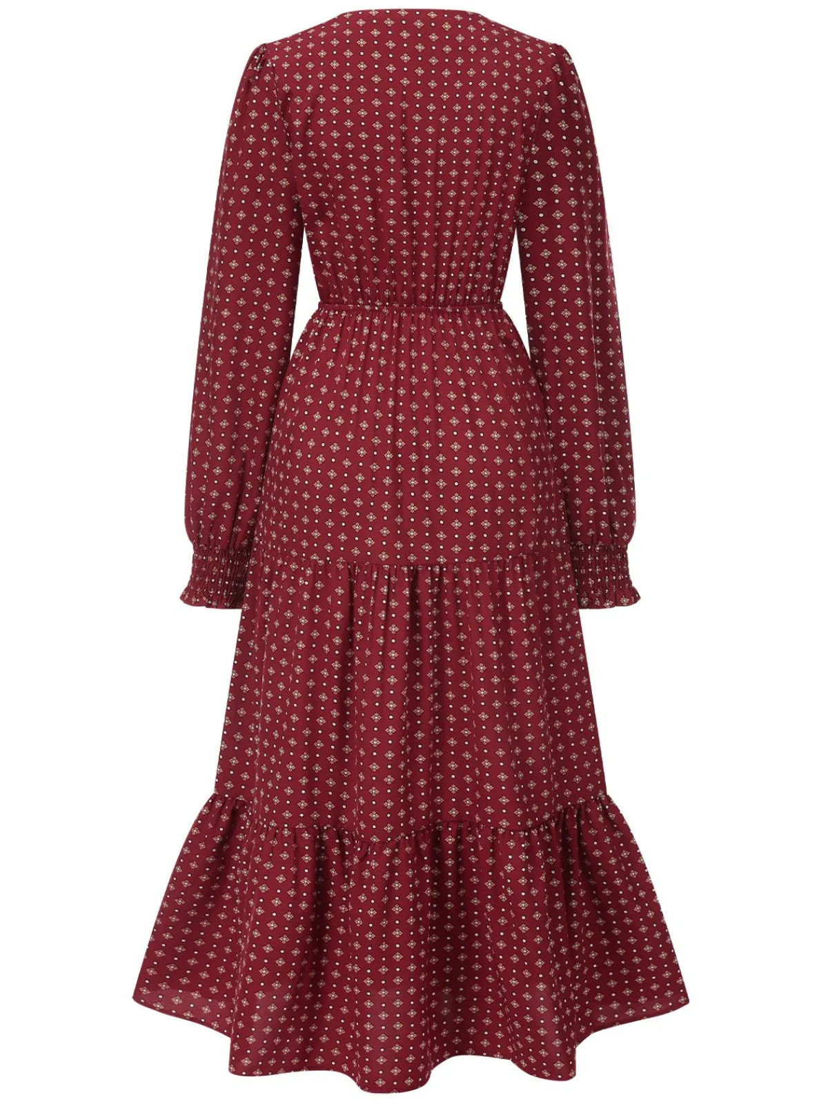 Sale Retro Stage 1940s Ruffled Long Sleeve Printed Dress Wine Red