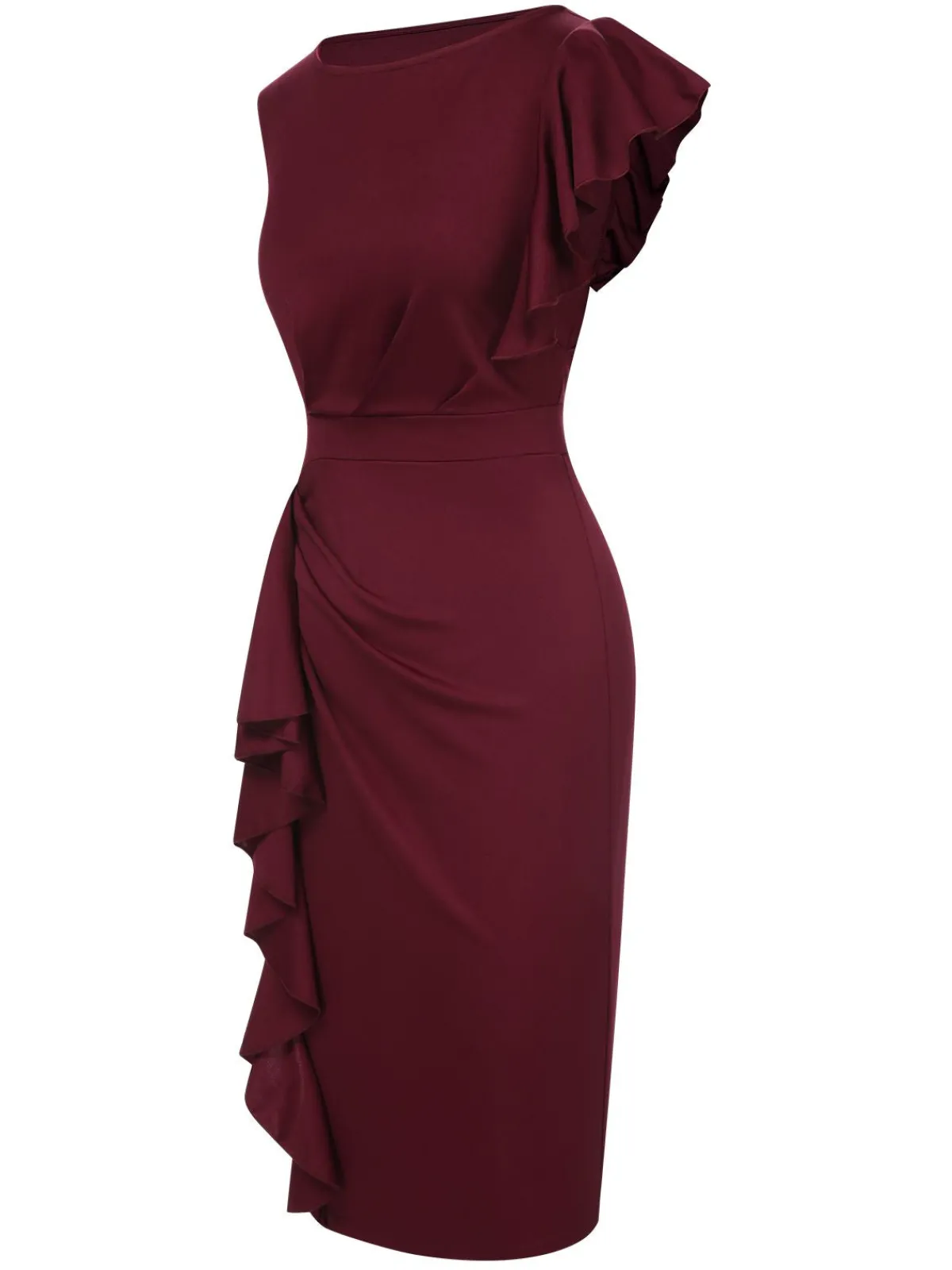Discount Retro Stage 1960s Ruffles Sleeve Solid Wrap Dress Wine Red