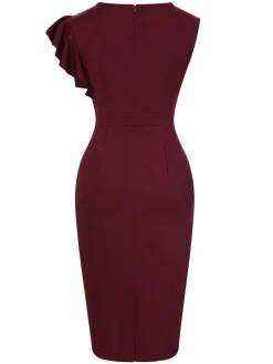 Discount Retro Stage 1960s Ruffles Sleeve Solid Wrap Dress Wine Red