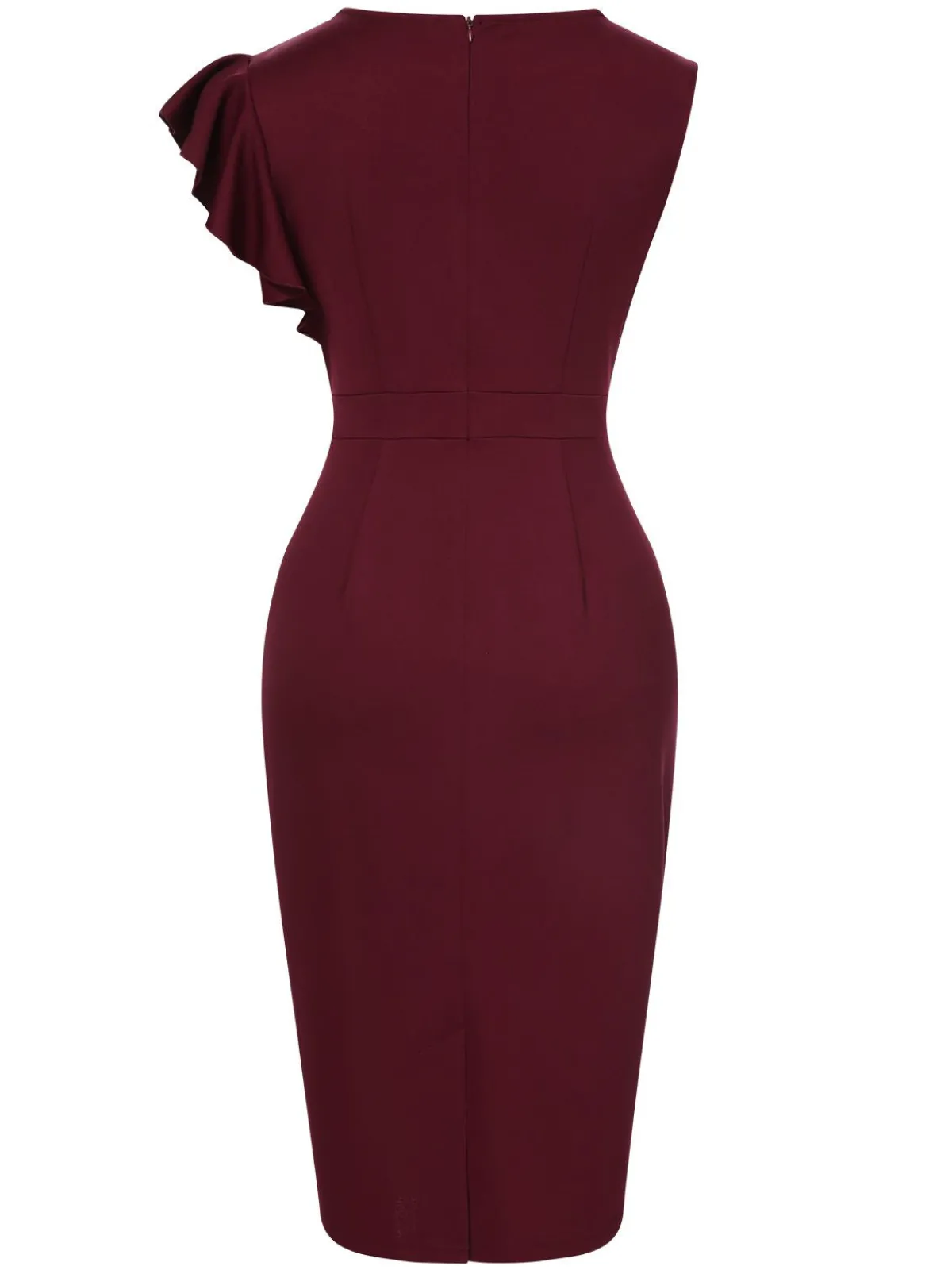 Discount Retro Stage 1960s Ruffles Sleeve Solid Wrap Dress Wine Red
