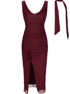 Online Retro Stage 1960s Scarf Slit Backless Dress Wine Red