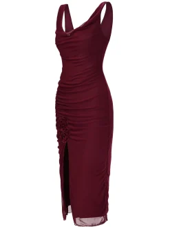 Online Retro Stage 1960s Scarf Slit Backless Dress Wine Red