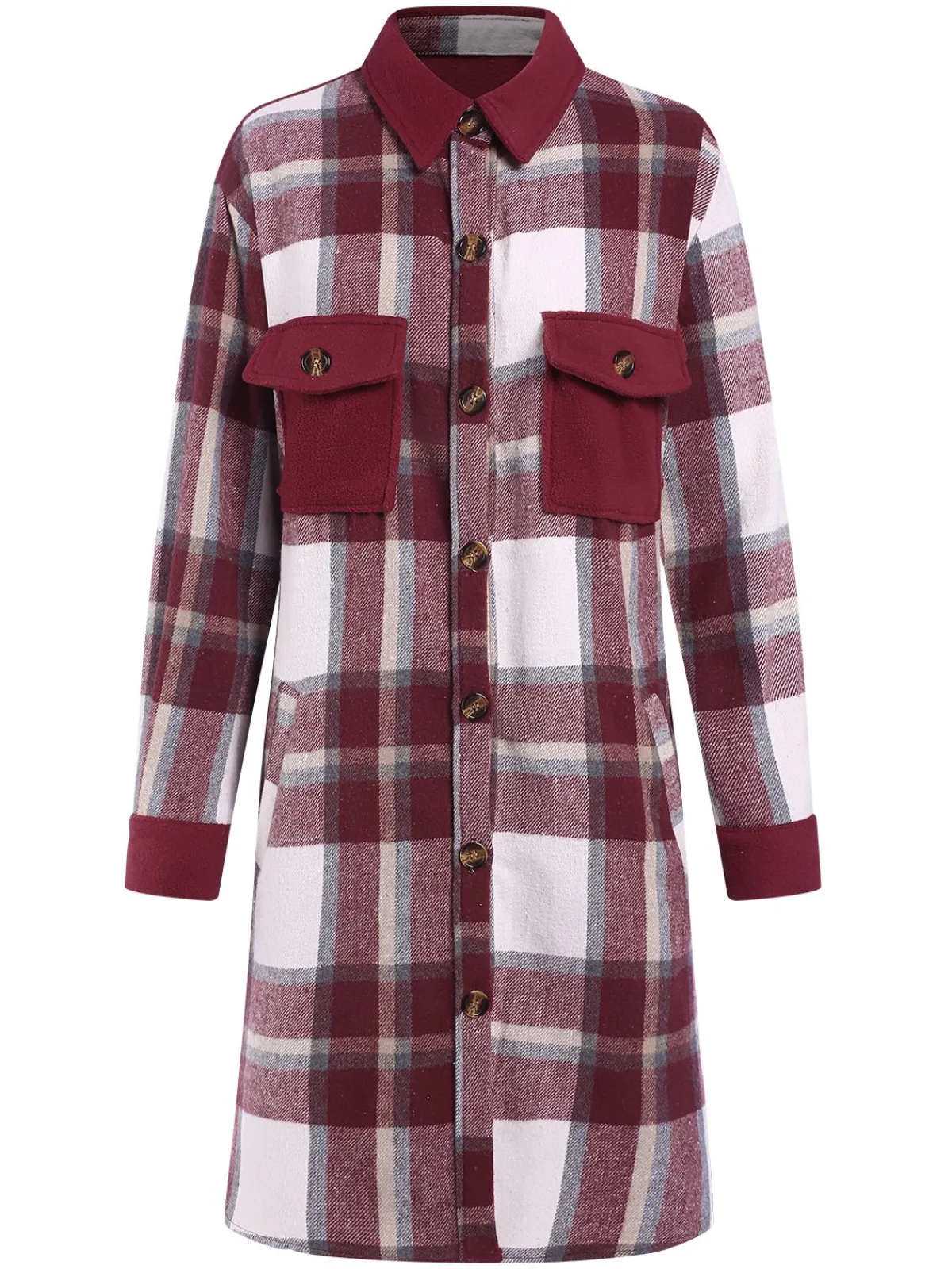 Clearance Retro Stage 1950s Shirt Collar Tartan Plaid Coat Wine Red