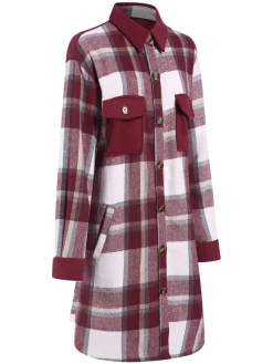 Clearance Retro Stage 1950s Shirt Collar Tartan Plaid Coat Wine Red
