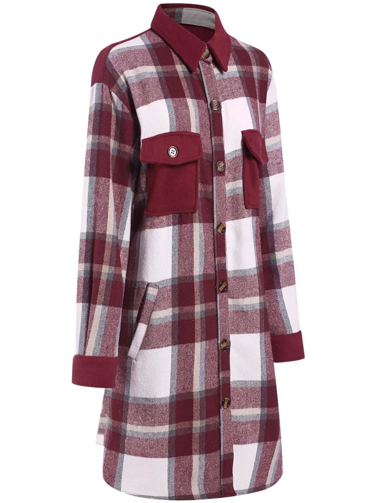 Clearance Retro Stage 1950s Shirt Collar Tartan Plaid Coat Wine Red