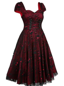 Hot Retro Stage 1950s Skull Mesh Swing Dress Wine Red