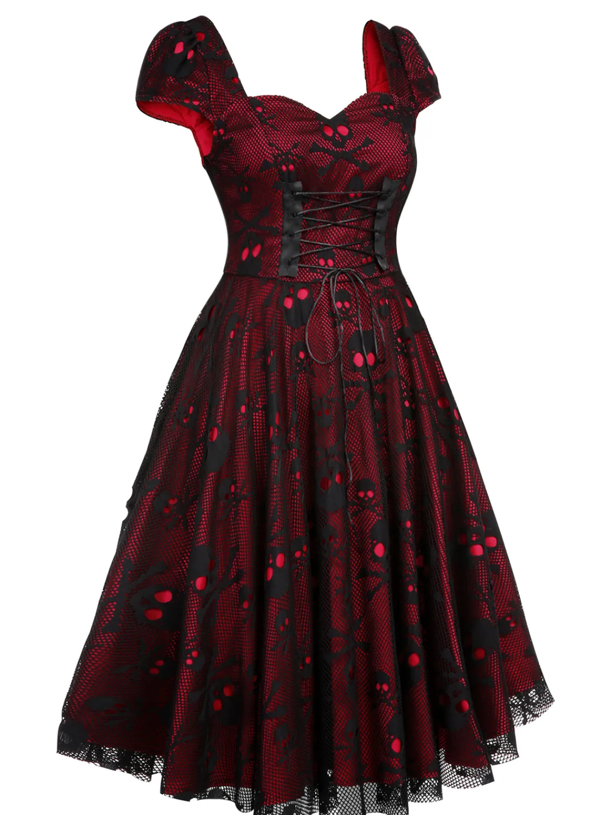 Hot Retro Stage 1950s Skull Mesh Swing Dress Wine Red