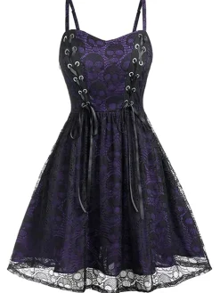 New Retro Stage Wine Red 1980s Skull Pattern Gothic Style Dress