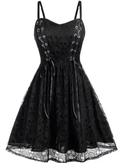 New Retro Stage Wine Red 1980s Skull Pattern Gothic Style Dress