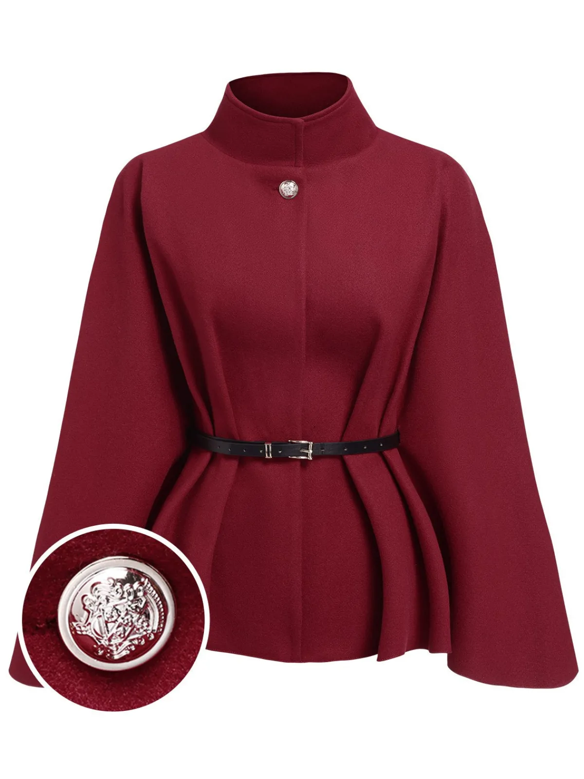 Outlet Retro Stage 1960s Solid Belted Cloak Coat Wine Red