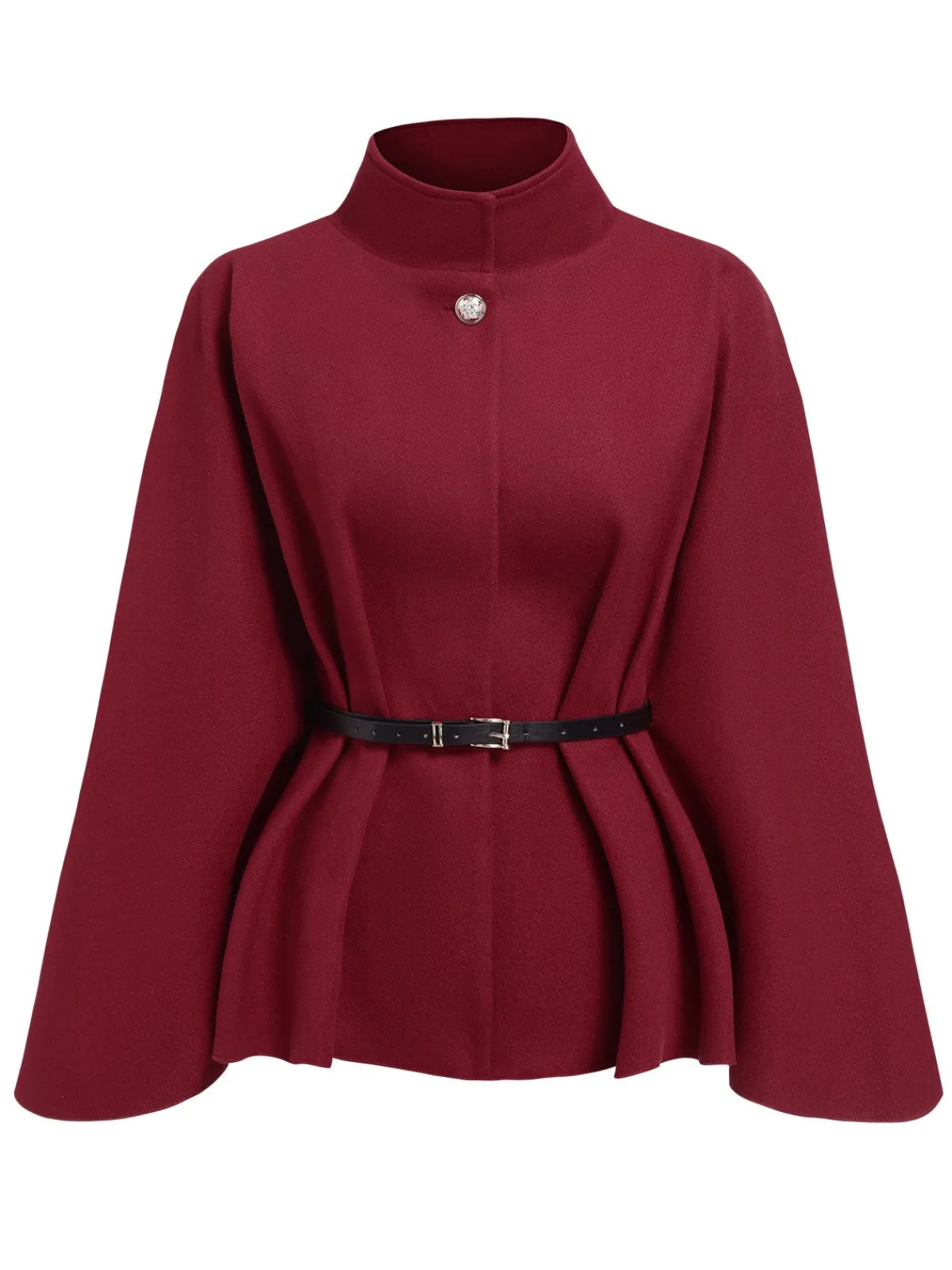 Outlet Retro Stage 1960s Solid Belted Cloak Coat Wine Red