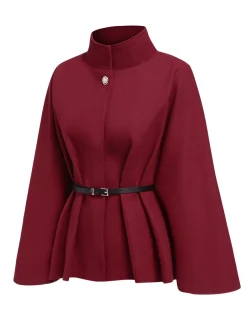 Outlet Retro Stage 1960s Solid Belted Cloak Coat Wine Red
