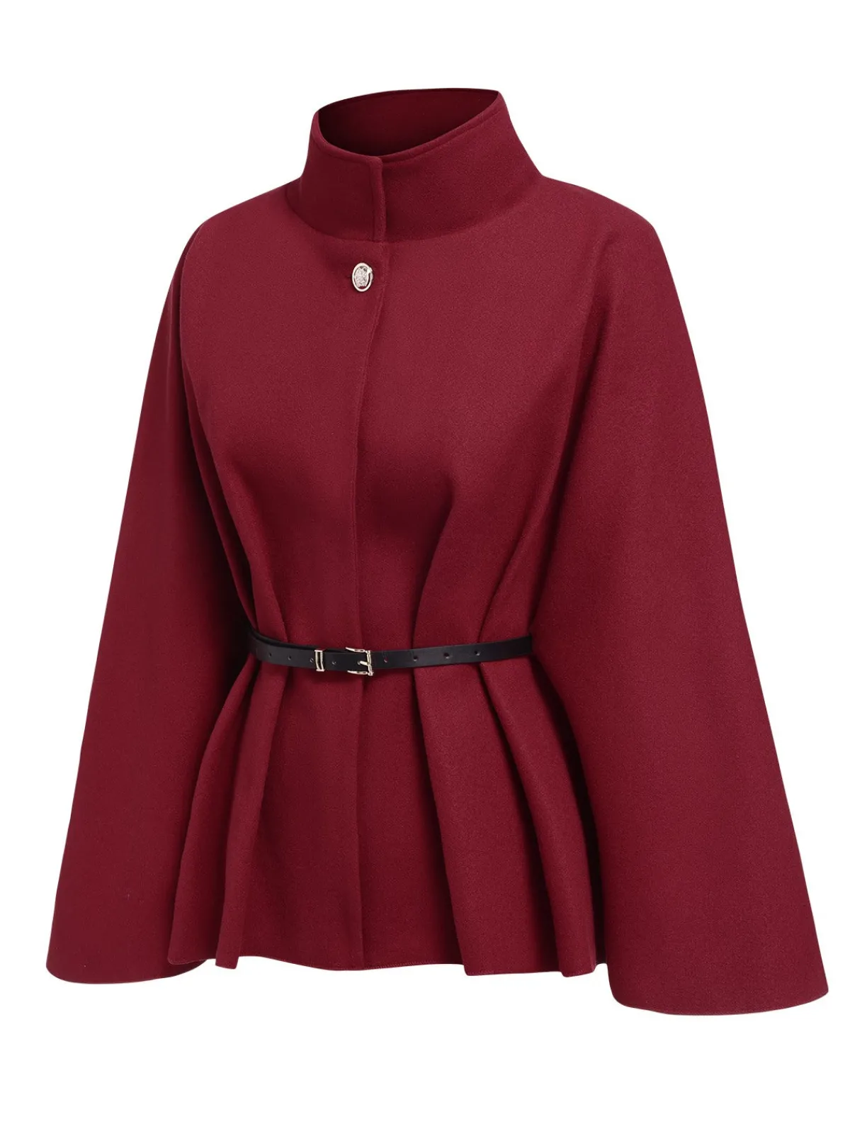 Outlet Retro Stage 1960s Solid Belted Cloak Coat Wine Red