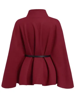 Outlet Retro Stage 1960s Solid Belted Cloak Coat Wine Red
