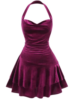 Fashion Retro Stage 1950s Solid Halter Velvet Dress Wine Red