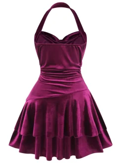 Fashion Retro Stage 1950s Solid Halter Velvet Dress Wine Red