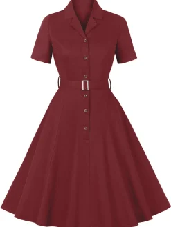 Fashion Retro Stage 1950s Solid Lapel Belted Dress Wine Red