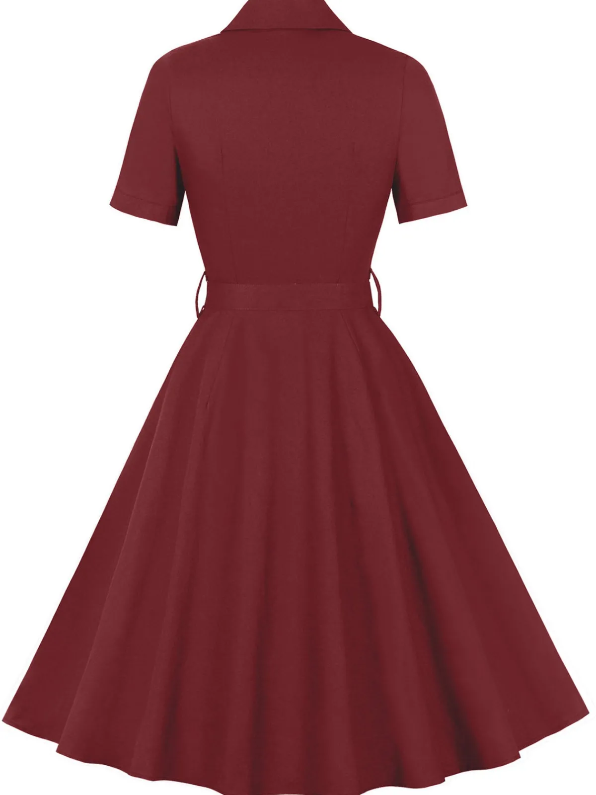 Fashion Retro Stage 1950s Solid Lapel Belted Dress Wine Red