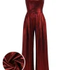 Online Retro Stage Wine Red 1970s Solid Metallic Strap Jumpsuit