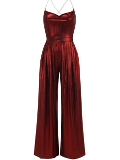 Online Retro Stage Wine Red 1970s Solid Metallic Strap Jumpsuit