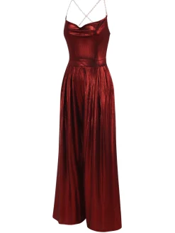 Online Retro Stage Wine Red 1970s Solid Metallic Strap Jumpsuit