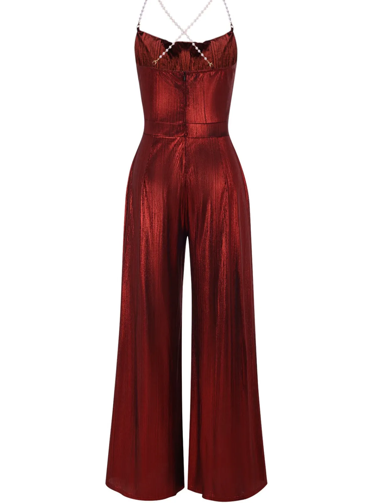 Online Retro Stage Wine Red 1970s Solid Metallic Strap Jumpsuit