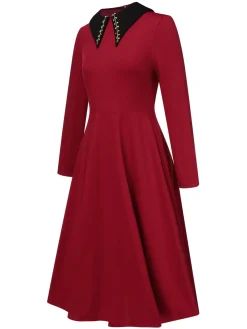 Fashion Retro Stage 1950s Solid Rhinestone Lapel Dress Wine Red