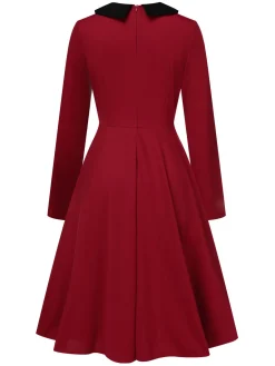 Fashion Retro Stage 1950s Solid Rhinestone Lapel Dress Wine Red