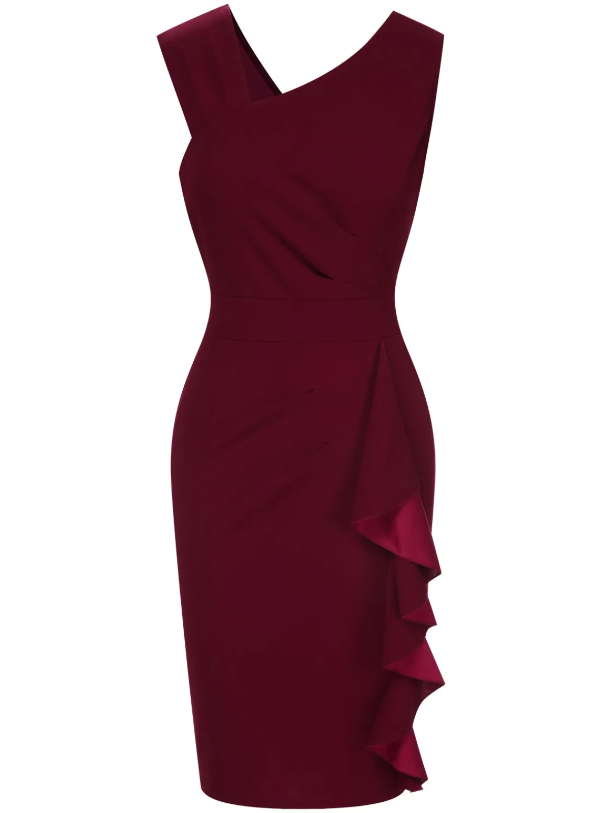 New Retro Stage 1960s Solid Ruffle Trim Pencil Dress Wine Red