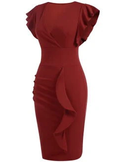 Online Retro Stage 1960s Solid Ruffle Trim Dress Wine Red