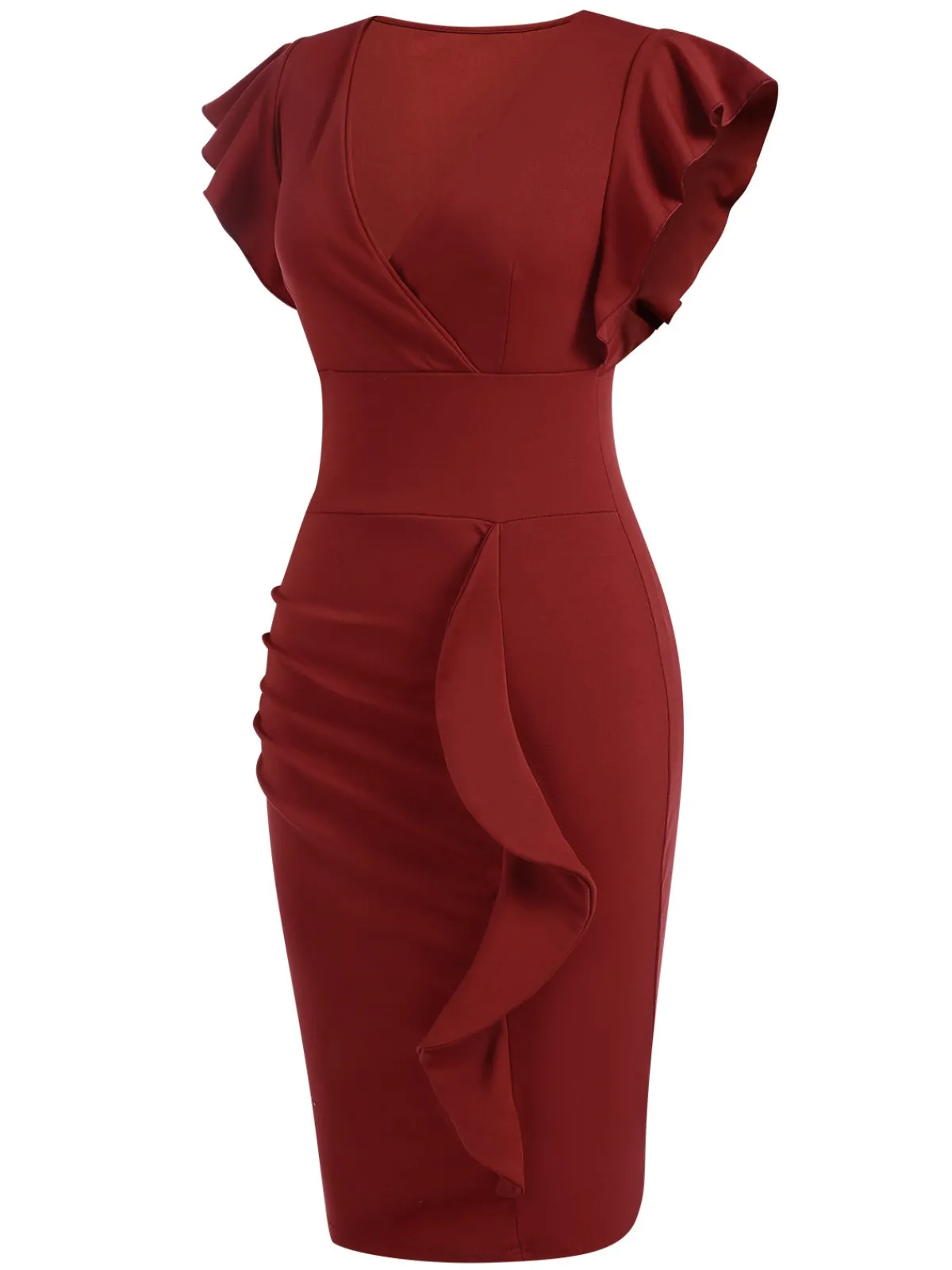 Online Retro Stage 1960s Solid Ruffle Trim Dress Wine Red