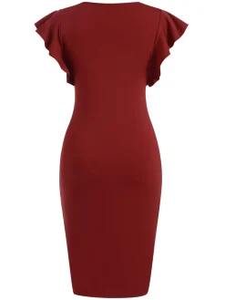 Online Retro Stage 1960s Solid Ruffle Trim Dress Wine Red