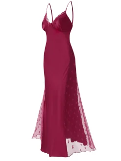 Clearance Retro Stage 1950s Solid Satin Mesh Suspender Nightdress Wine Red