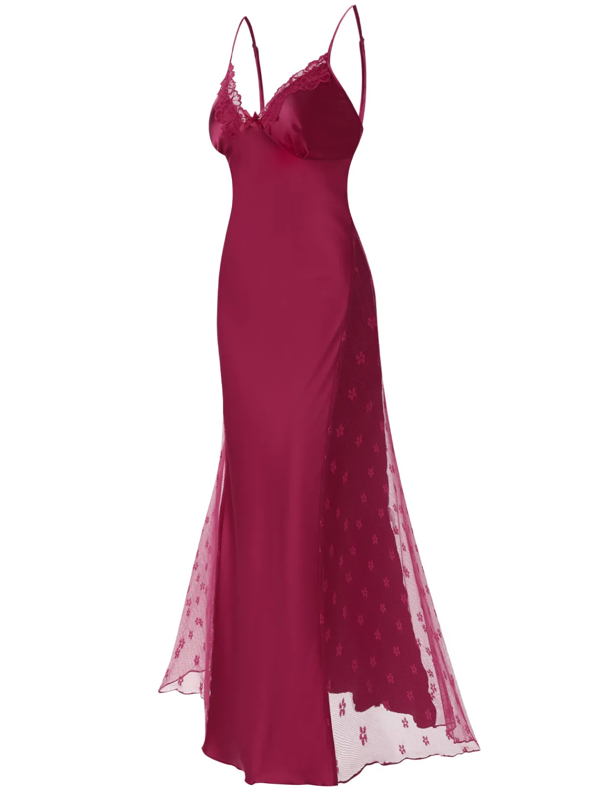 Clearance Retro Stage 1950s Solid Satin Mesh Suspender Nightdress Wine Red