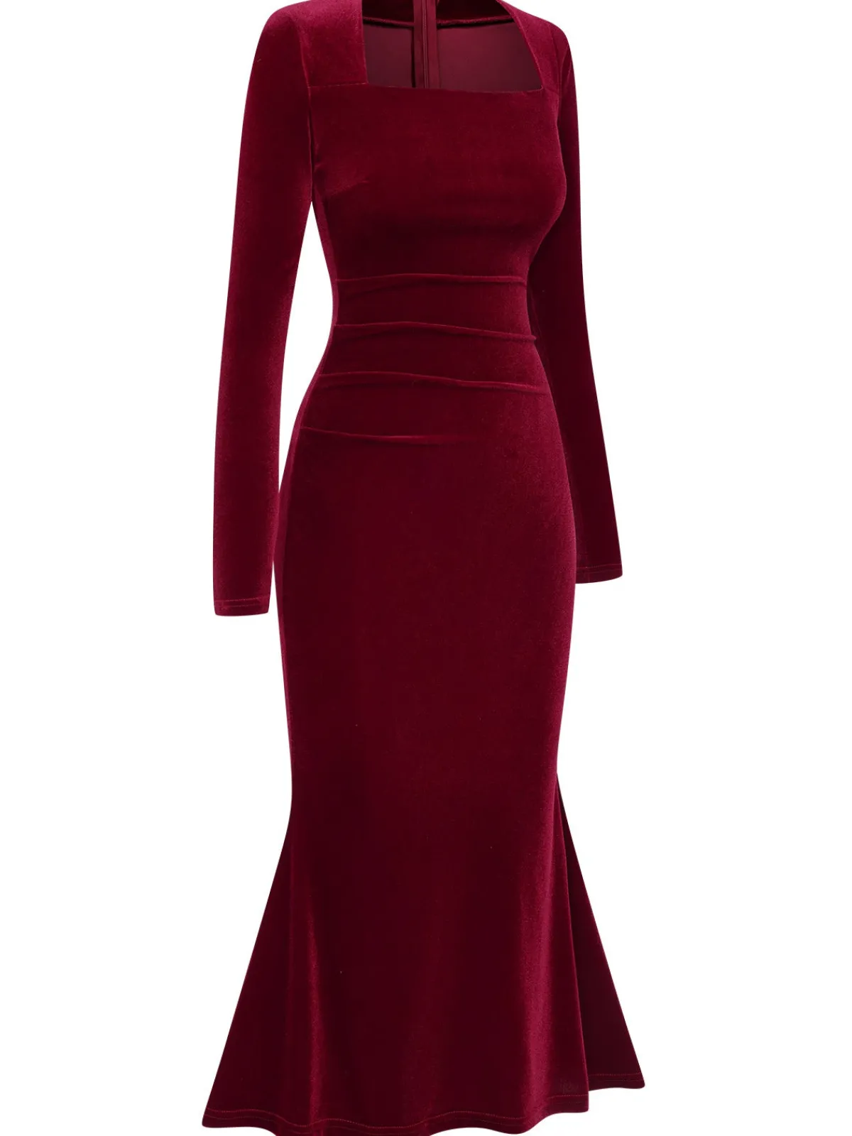 New Retro Stage 1930s Solid Velvet Mermaid Dress Wine Red