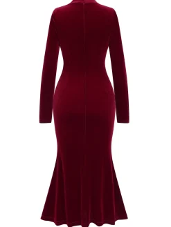 New Retro Stage 1930s Solid Velvet Mermaid Dress Wine Red
